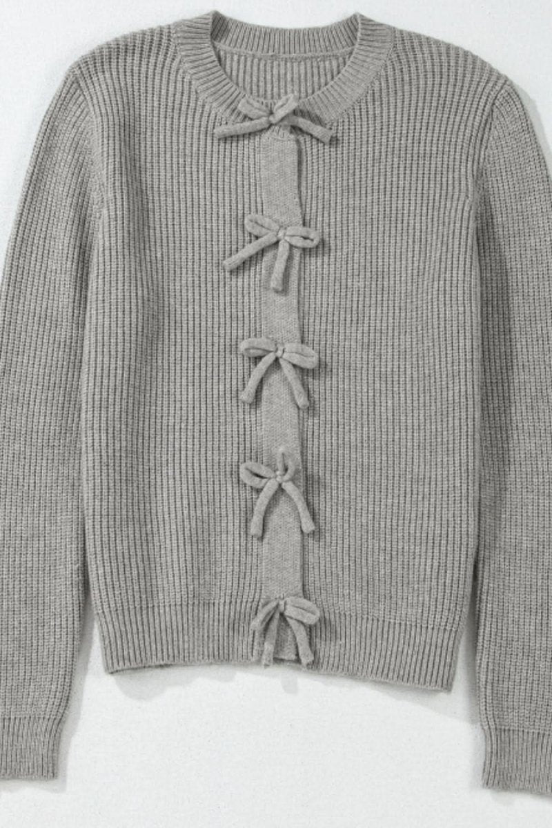 Bow Round Neck Long Sleeve Cardigan - Love Salve 