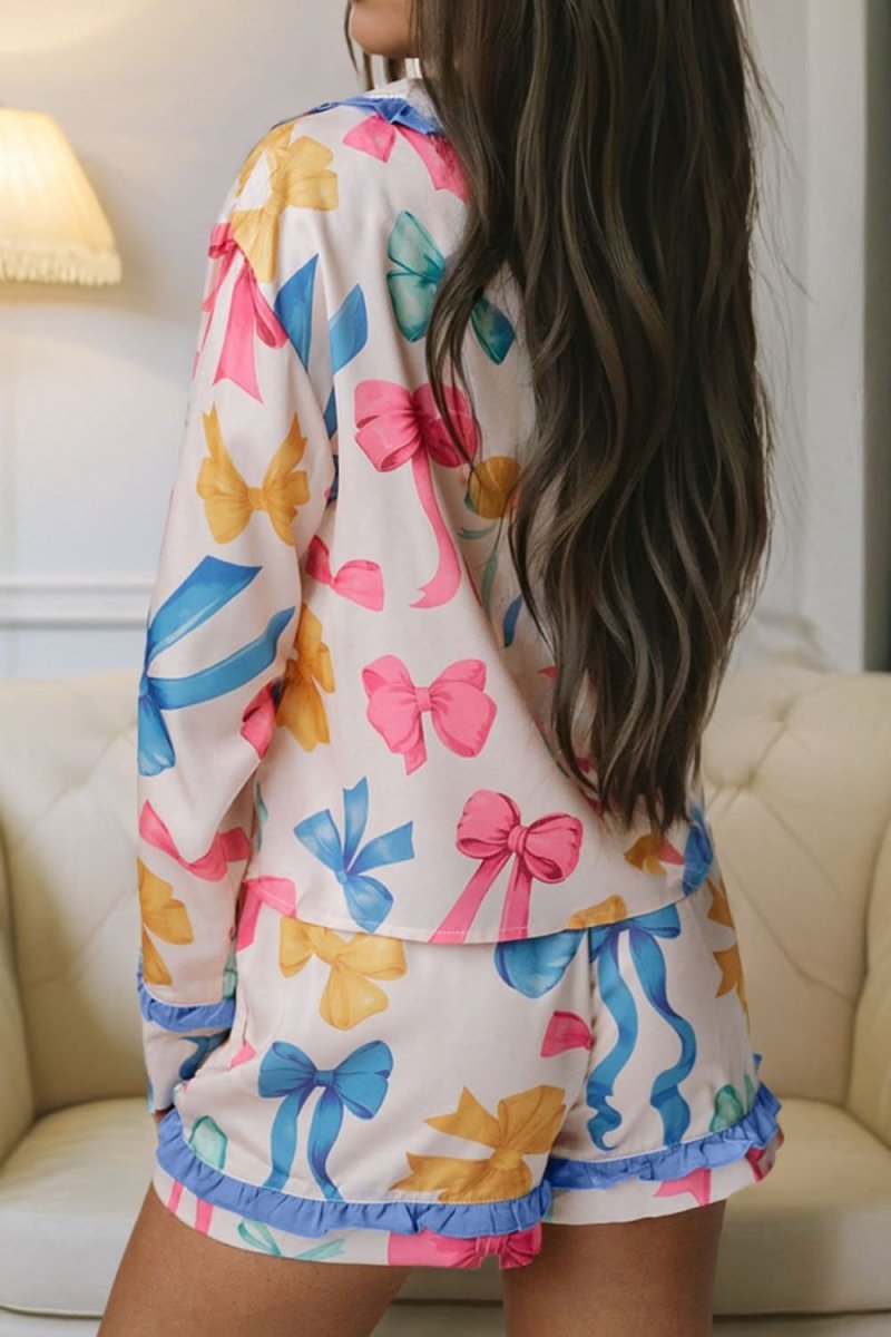 Bow Tie Print Two-Piece Lounge Set with Collared Top and Shorts - Love Salve 