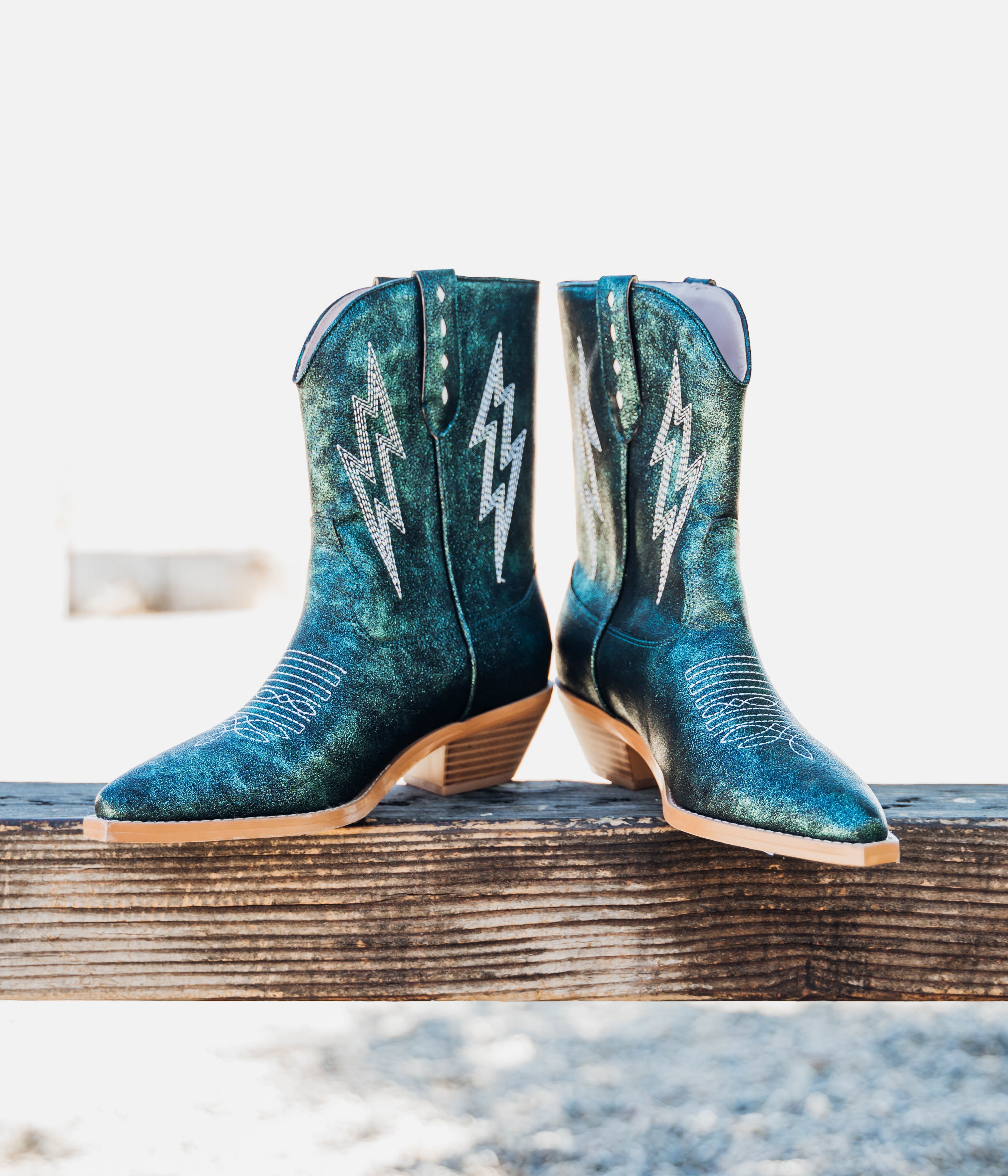 Bowie Metallic Teal Western Boot Snip Toe Open Front Naughty Monkey