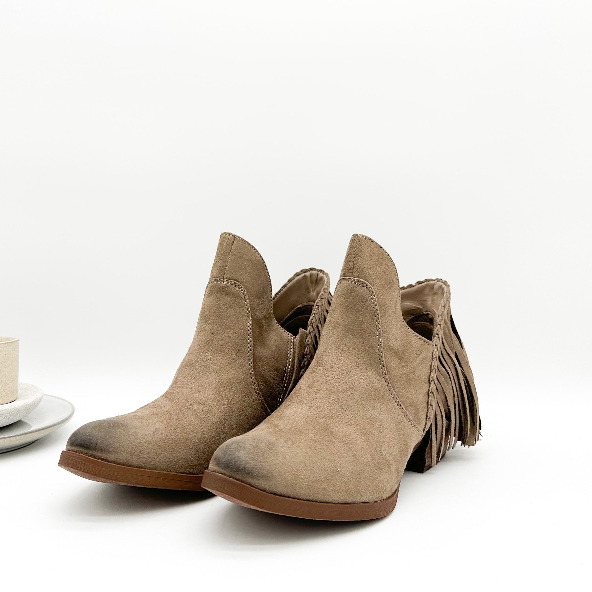 Braxton Western Fringe Ankle Boot Taupe Textured Microfiber Upper Braided Heel