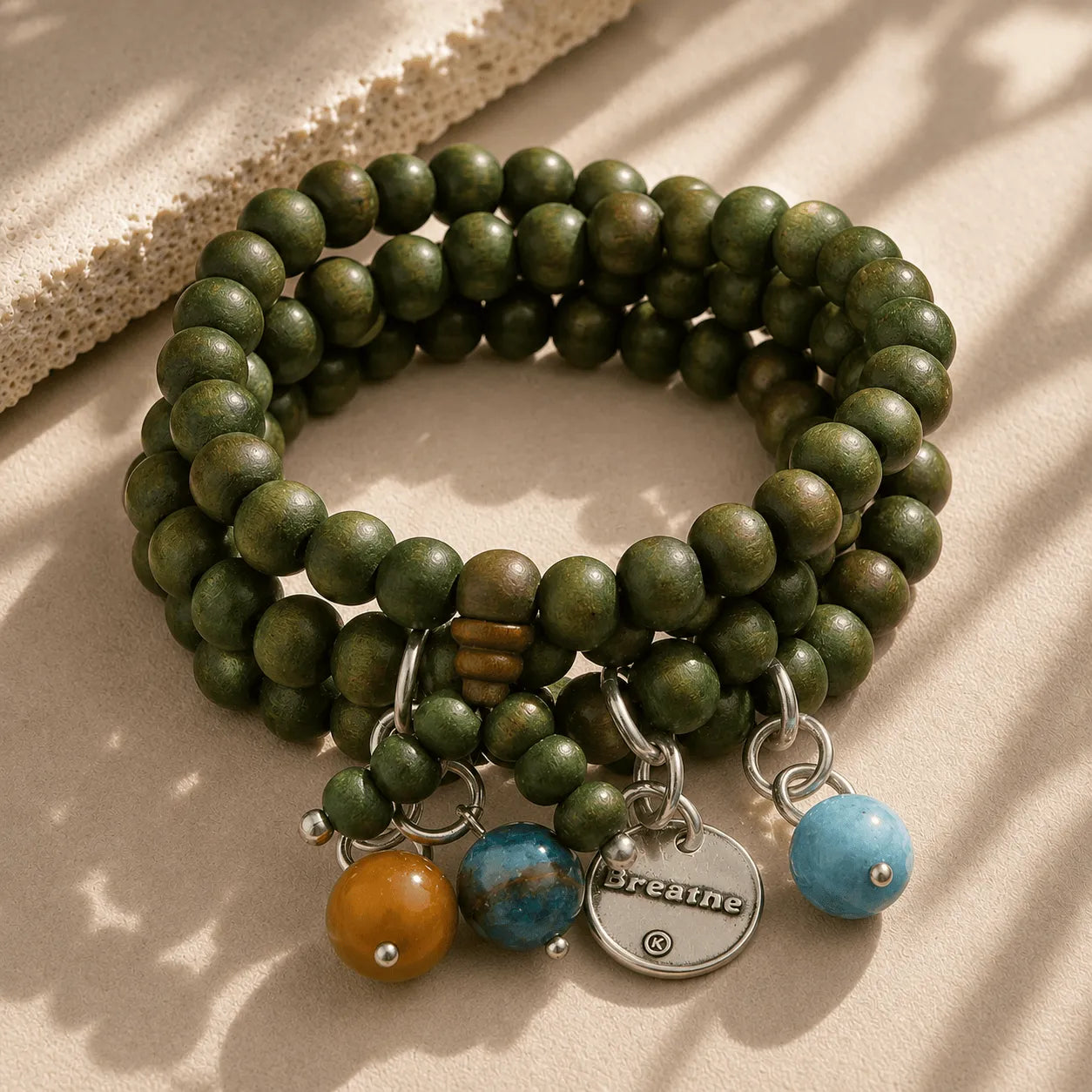 Katia Designs Breathe Heart Wood Boho Wrap Bracelet/Necklace, showcasing natural wood beads and Jasper Stone accents.