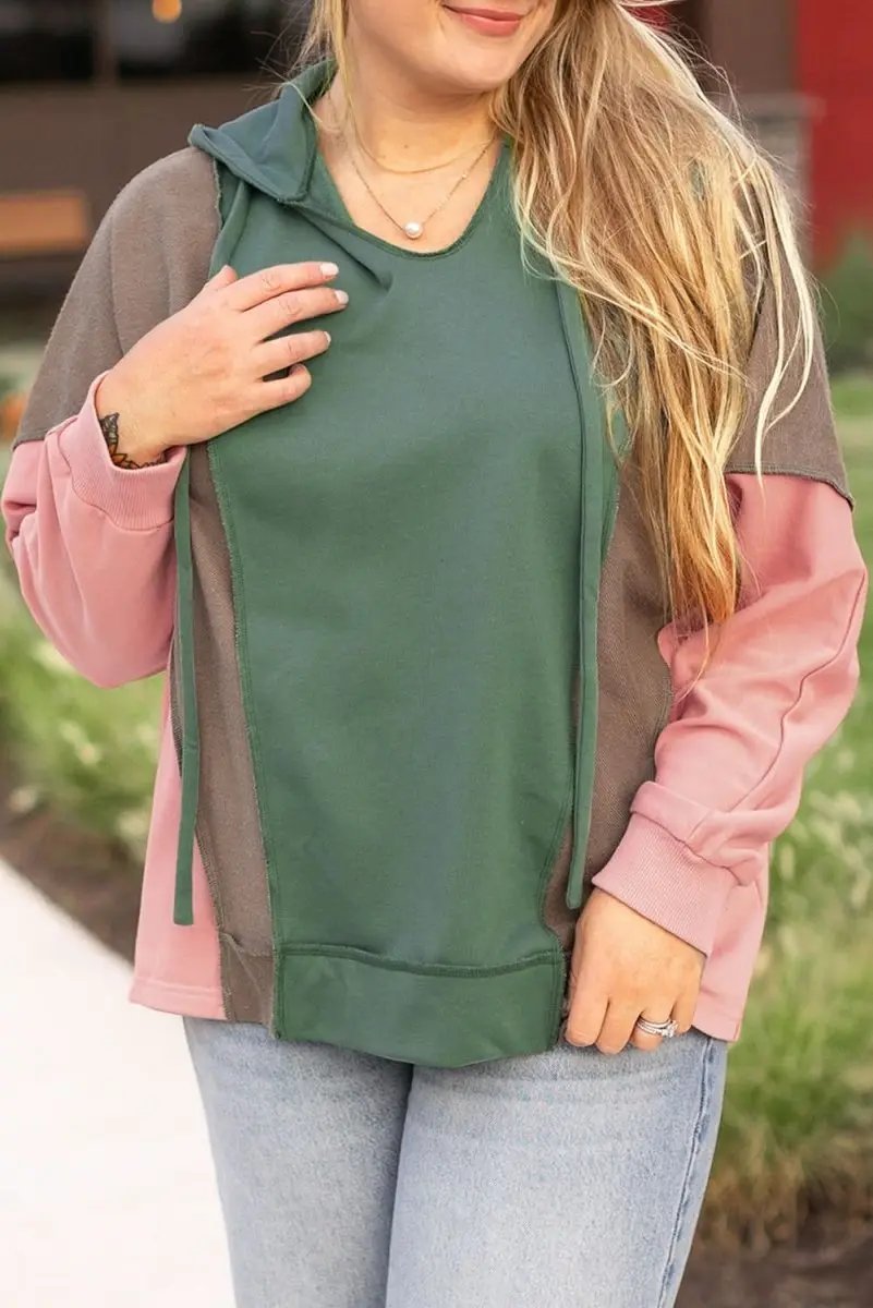 Breen Plus Size Colorblock Patchwork V Neck Hoodie - Love Salve 