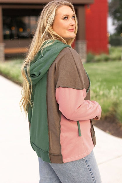 Breen Plus Size Colorblock Patchwork V Neck Hoodie - Love Salve 