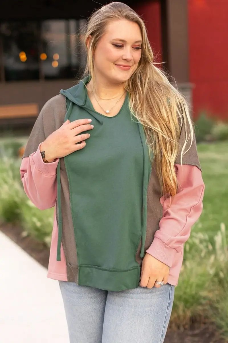 Breen Plus Size Colorblock Patchwork V Neck Hoodie - Love Salve 