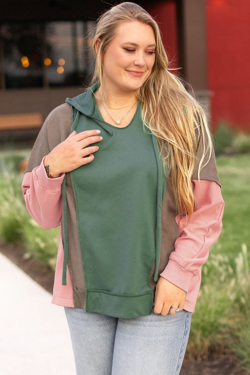 Breen Plus Size Colorblock Patchwork V Neck Hoodie - Love Salve 