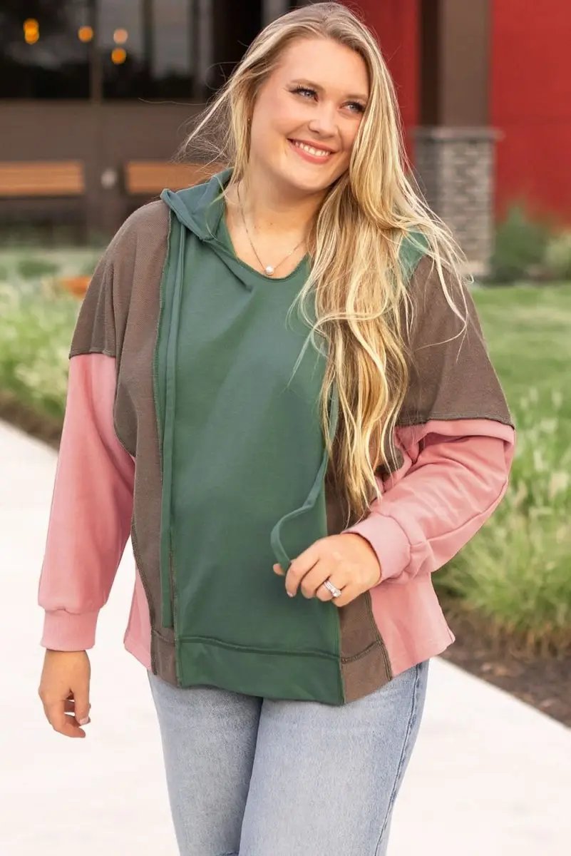 Breen Plus Size Colorblock Patchwork V Neck Hoodie - Love Salve 