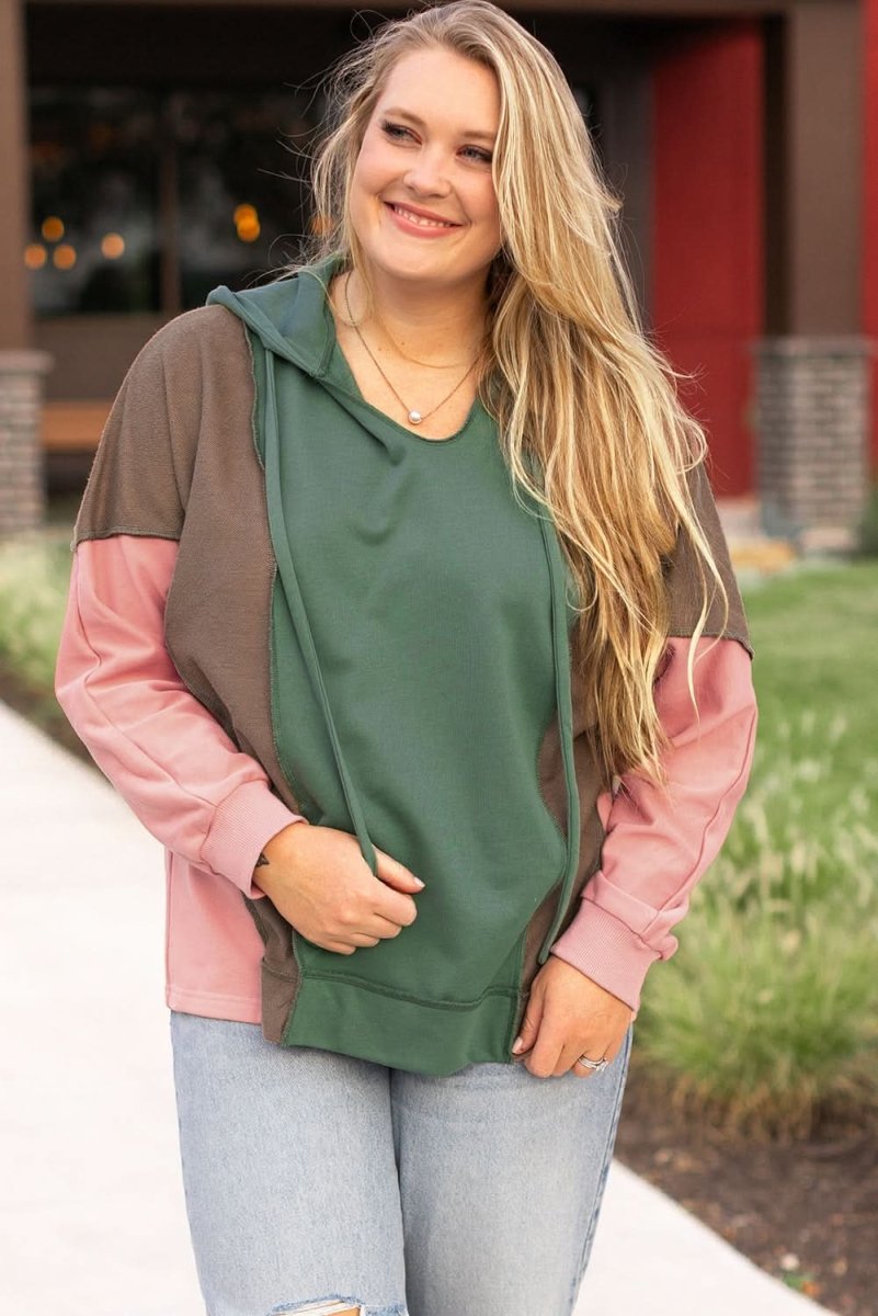 Breen Plus Size Colorblock Patchwork V Neck Hoodie - Love Salve 