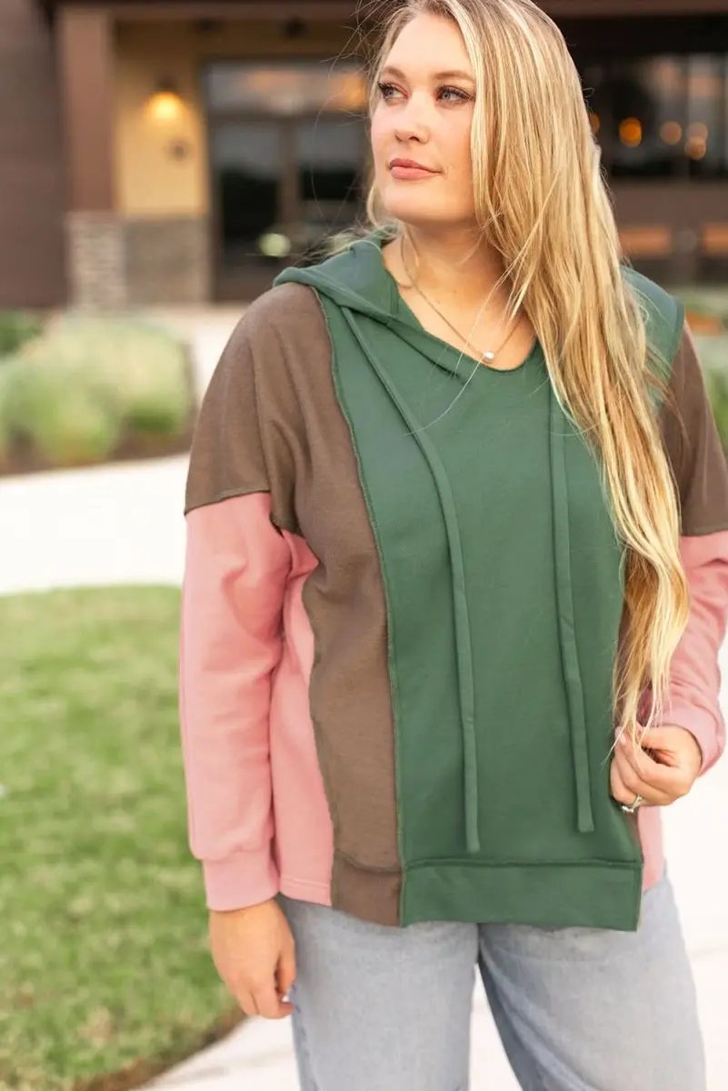 Breen Plus Size Colorblock Patchwork V Neck Hoodie - Love Salve 