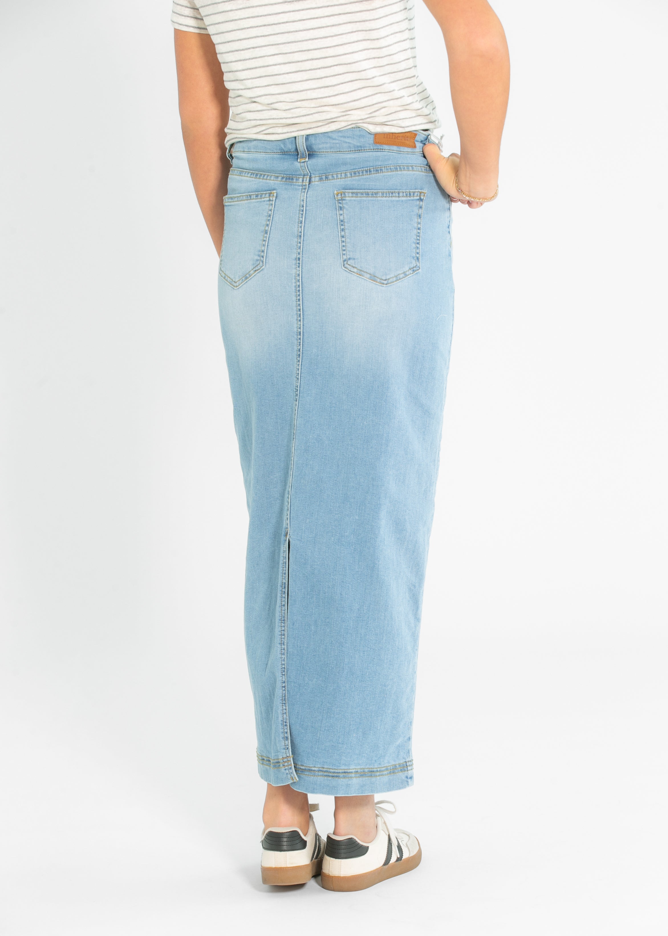 Bria Light Wash Denim Maxi Skirt Inherit Co.