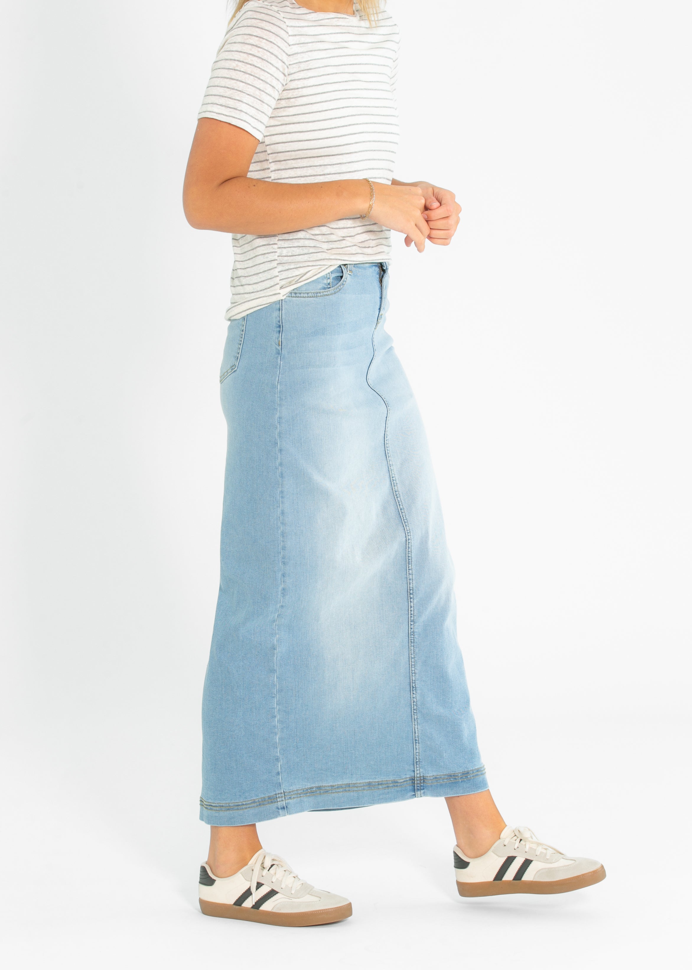 Bria Light Wash Denim Maxi Skirt Inherit Co.