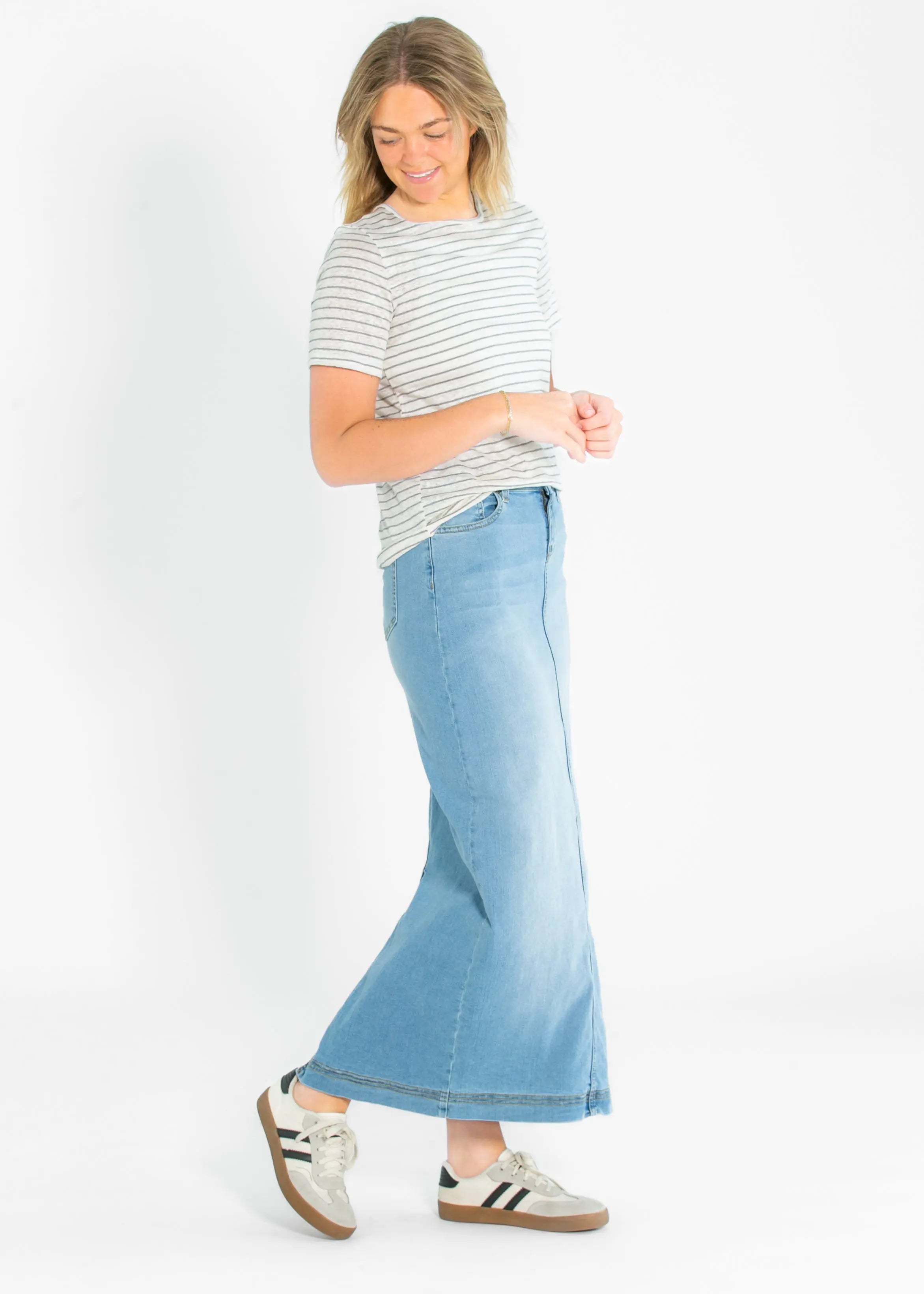 Bria Light Wash Denim Maxi Skirt Inherit Co.