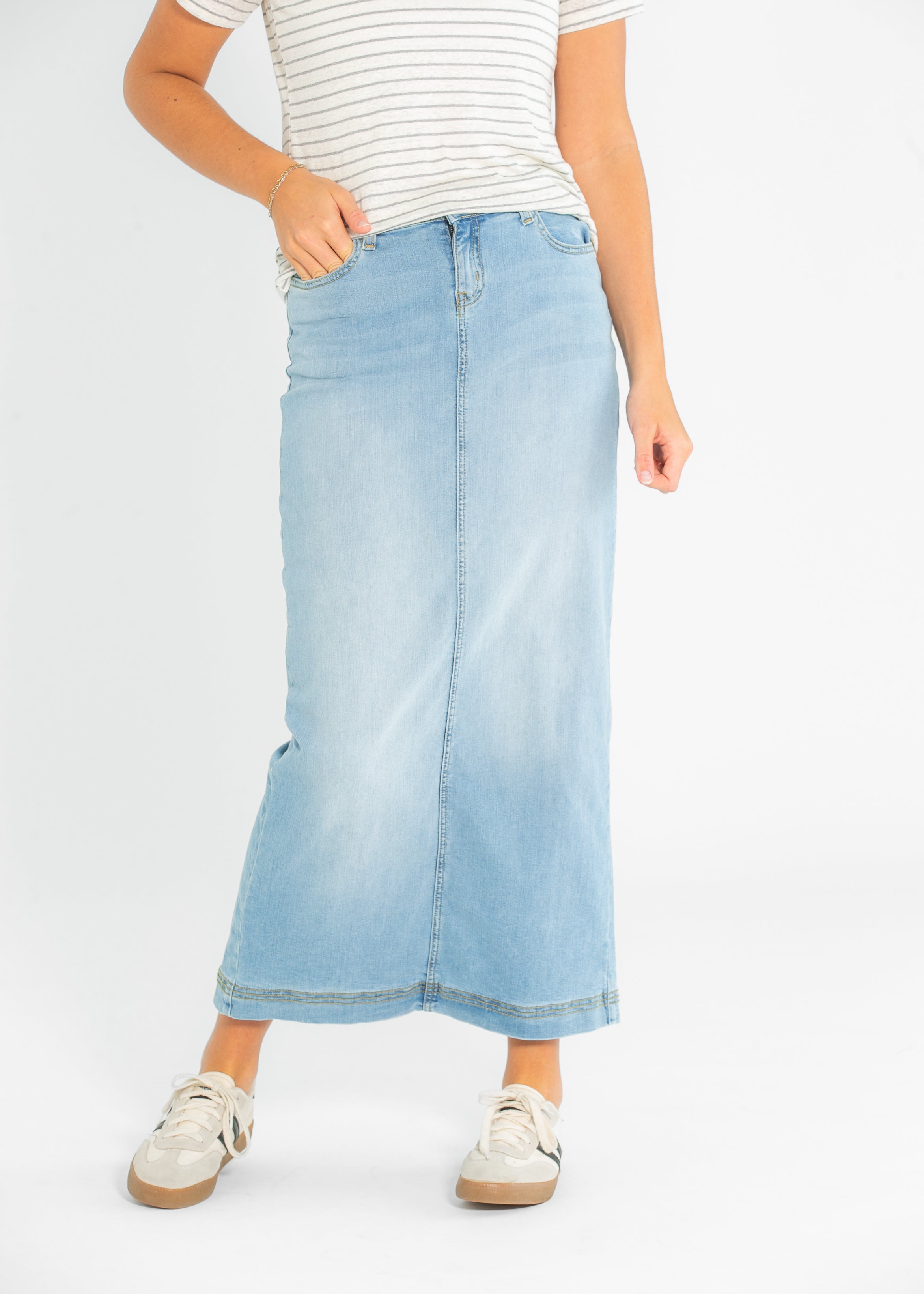 Bria Light Wash Denim Maxi Skirt Inherit Co.