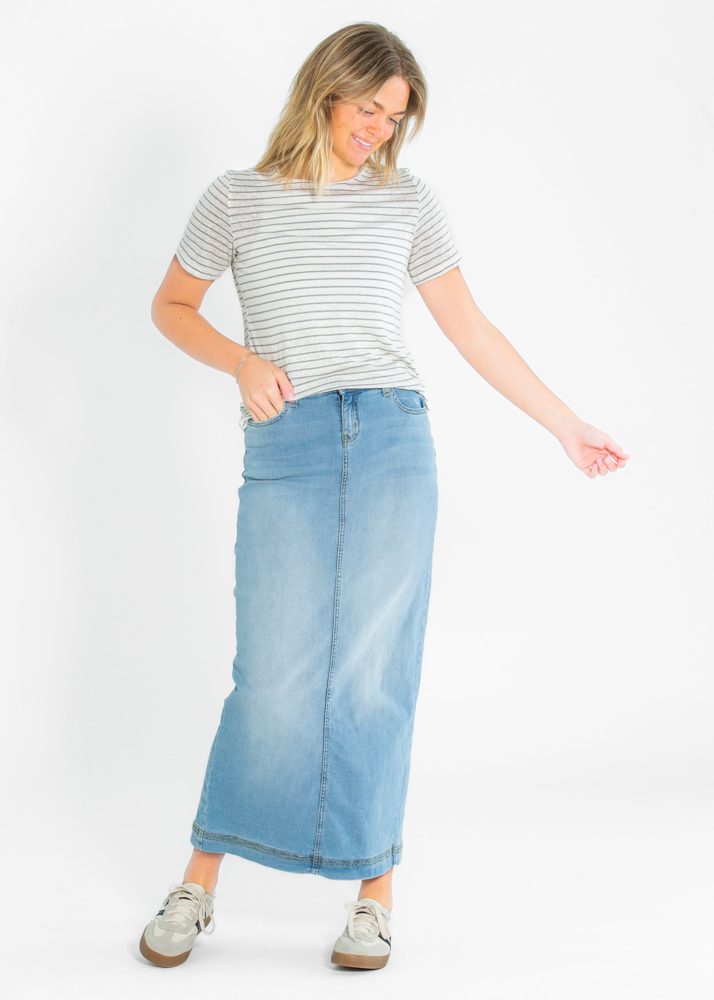 Bria Light Wash Denim Maxi Skirt Inherit Co.