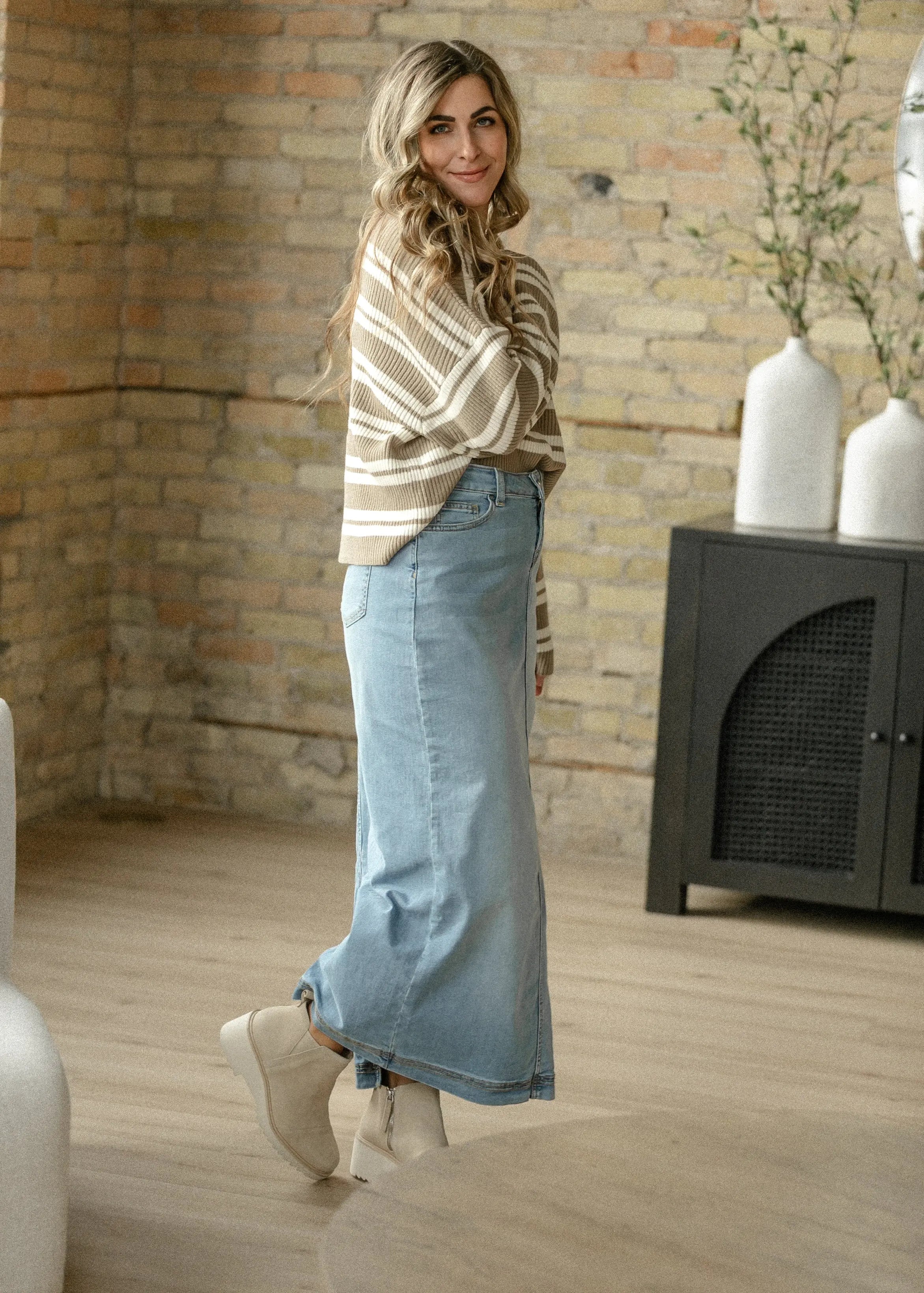 Bria Light Wash Denim Maxi Skirt Inherit Co.
