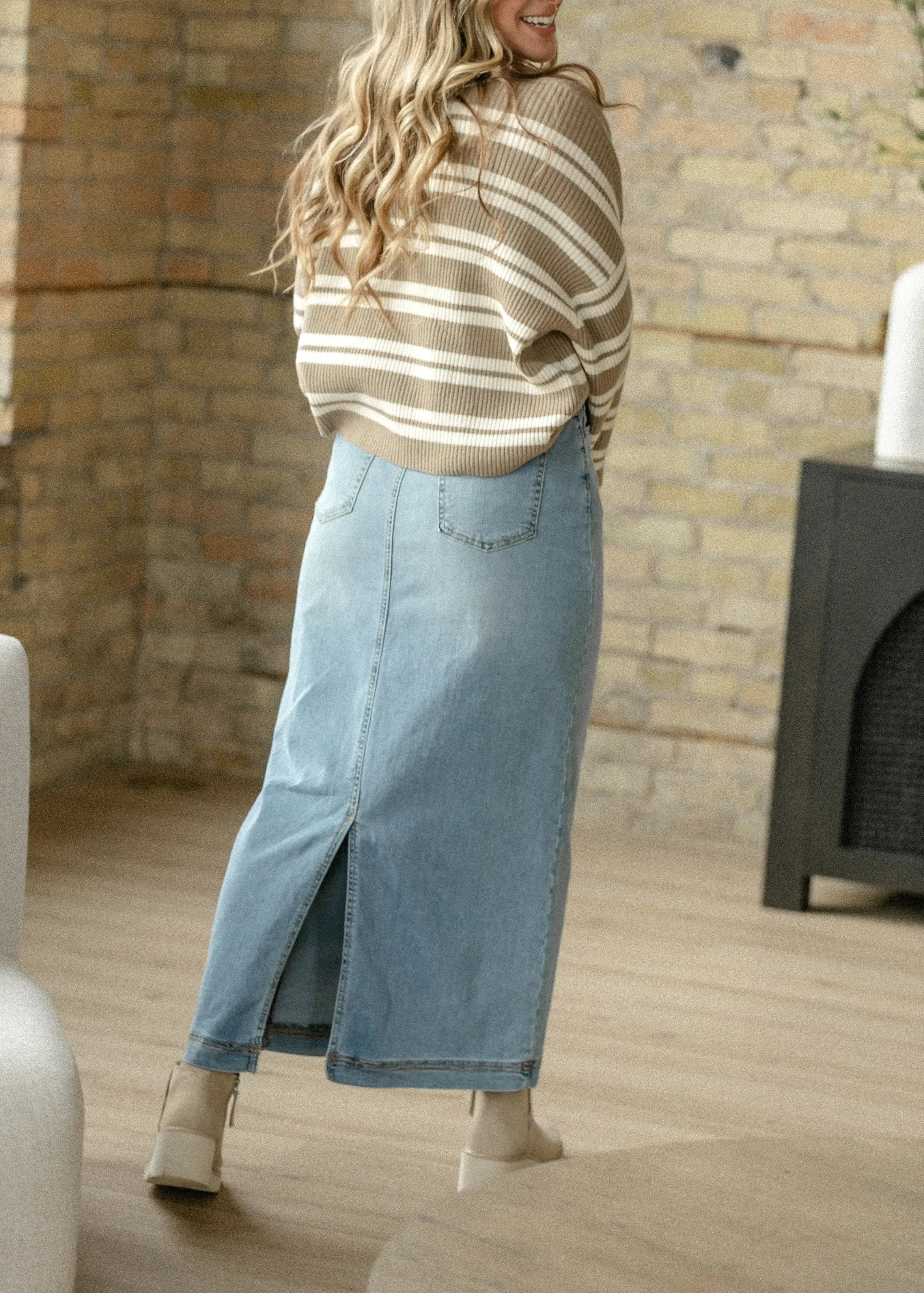 Bria Light Wash Denim Maxi Skirt Inherit Co.