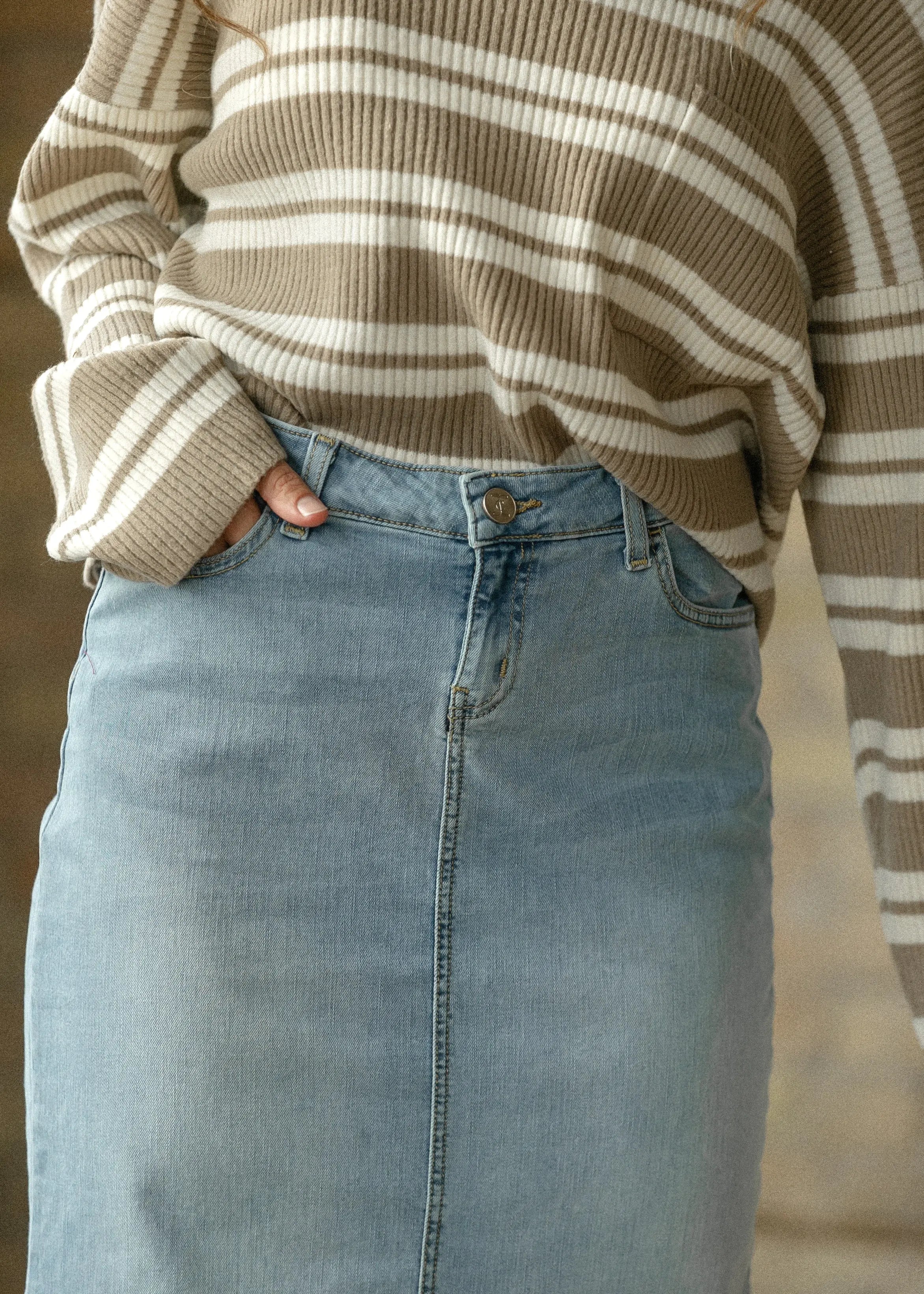 Bria Light Wash Denim Maxi Skirt Inherit Co.