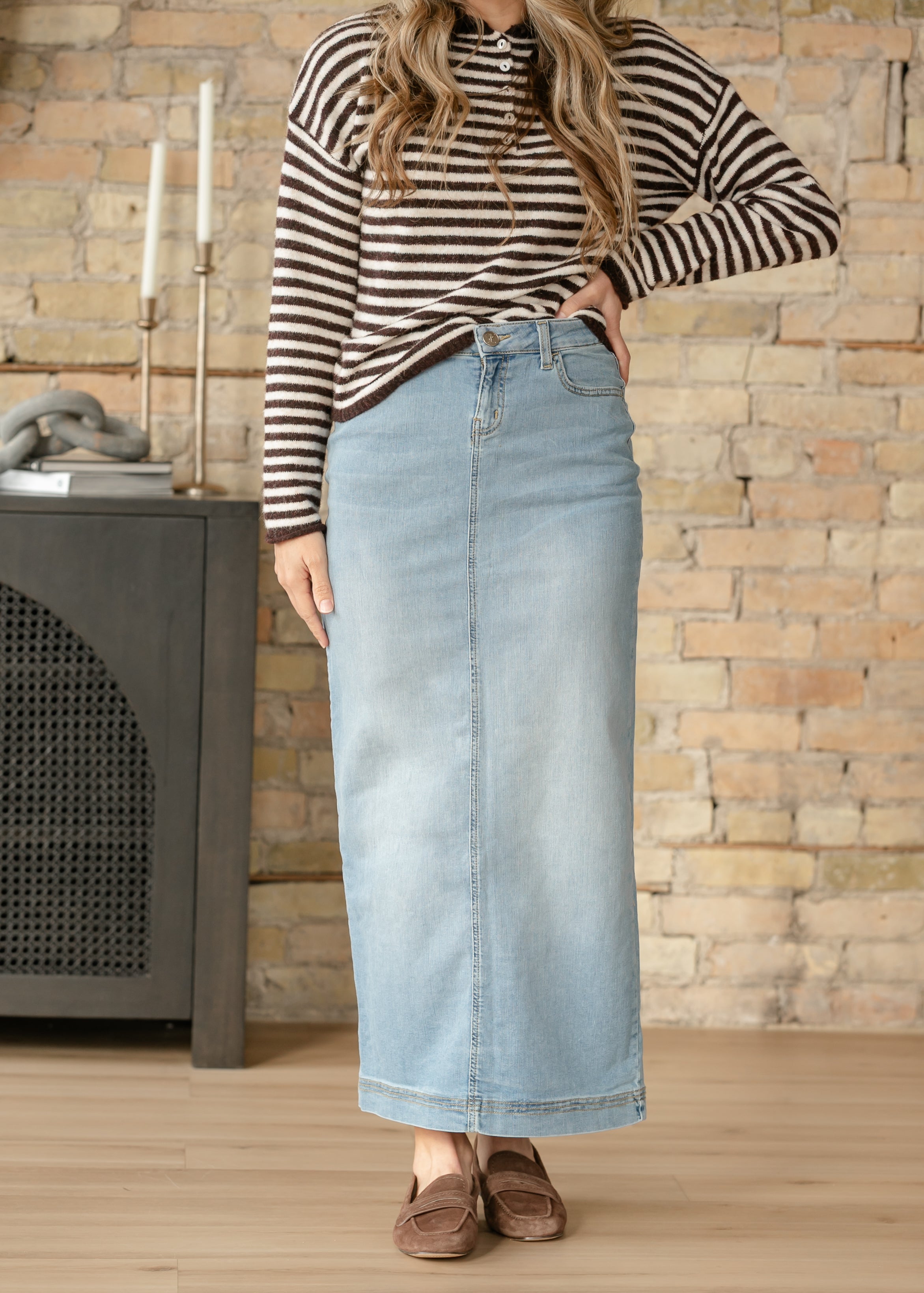 Bria Light Wash Denim Maxi Skirt Inherit Co.