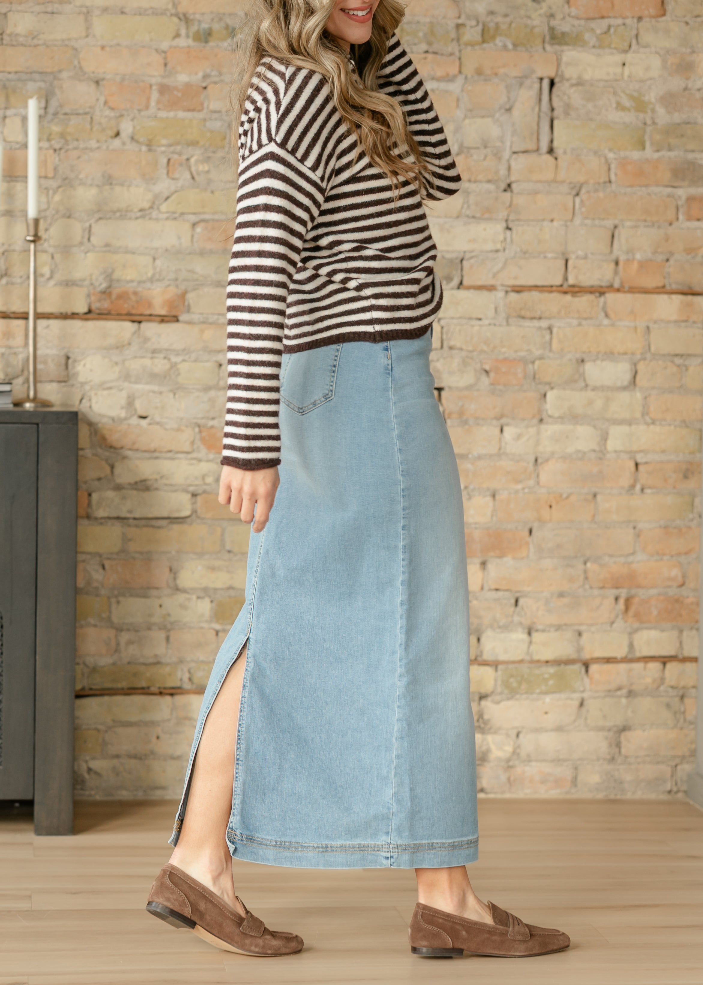 Bria Light Wash Denim Maxi Skirt Inherit Co.