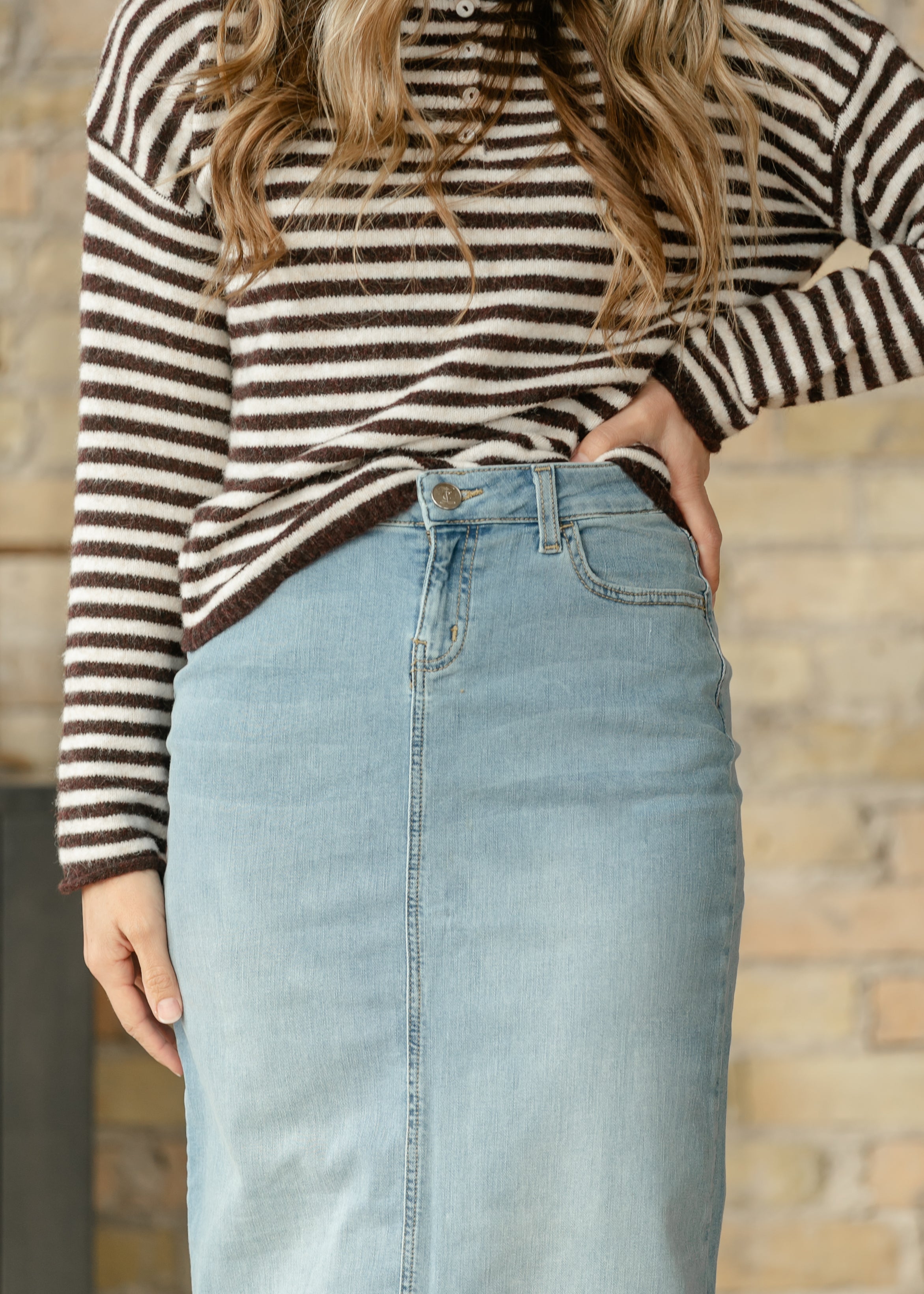 Bria Light Wash Denim Maxi Skirt Inherit Co.