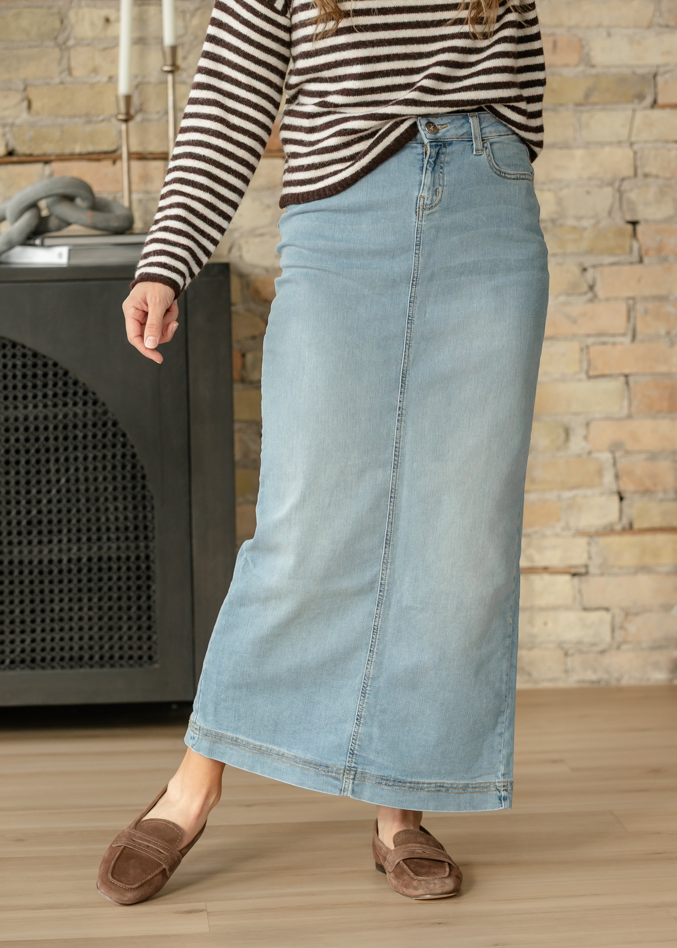 Bria Light Wash Denim Maxi Skirt Inherit Co.