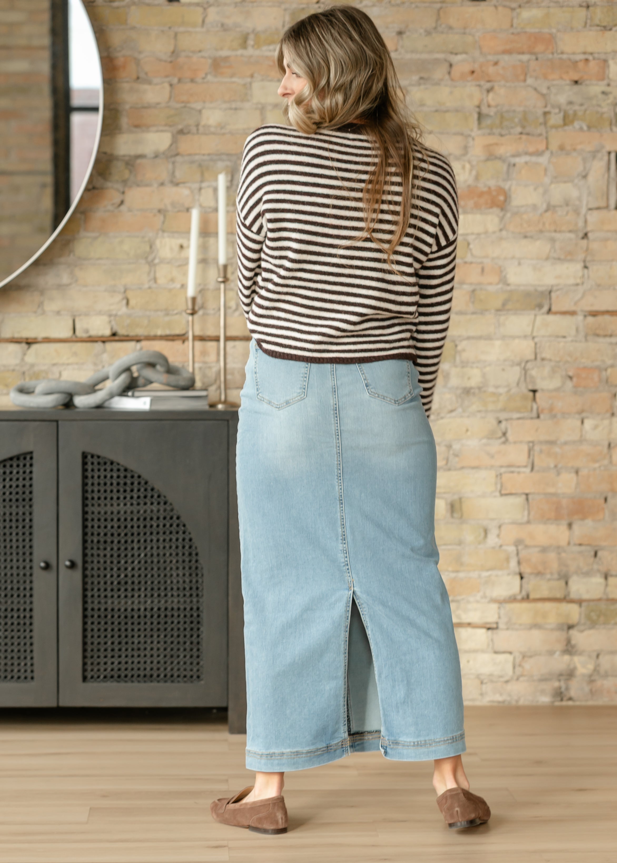 Bria Light Wash Denim Maxi Skirt Inherit Co.