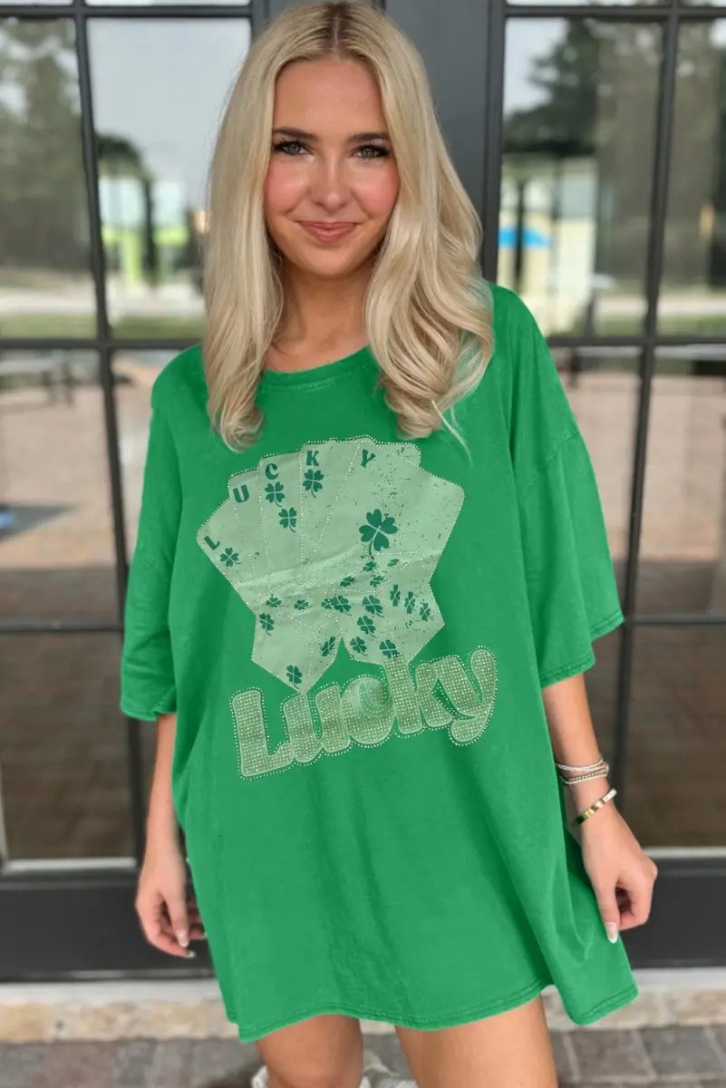 Bright Green Rhinestone Lucky Poker Cards Mini Dress T Shirt - Love Salve 