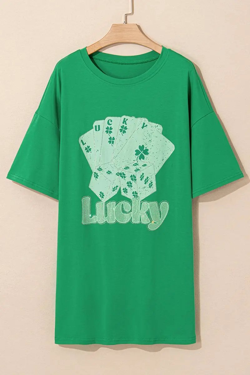 Bright Green Rhinestone Lucky Poker Cards Mini Dress T Shirt - Love Salve 