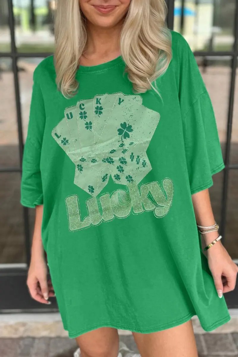 Bright Green Rhinestone Lucky Poker Cards Mini Dress T Shirt - Love Salve 