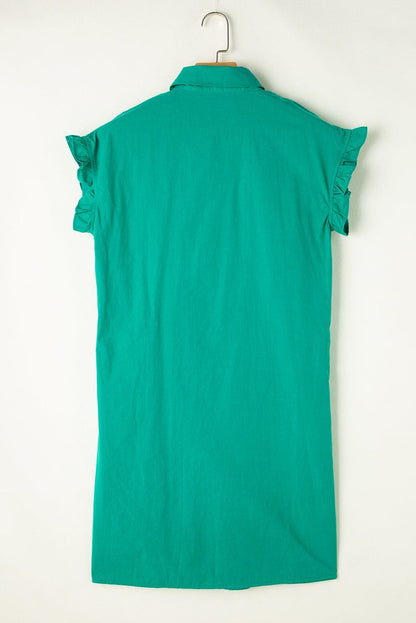 Bright Green Shirred Ruffle Sleeve Button Up Short Dress - Love Salve 