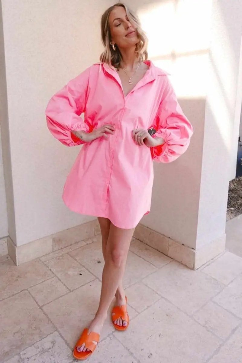 Bright Pink Balloon Sleeve Button Up Mini Shirt Dress - Love Salve 