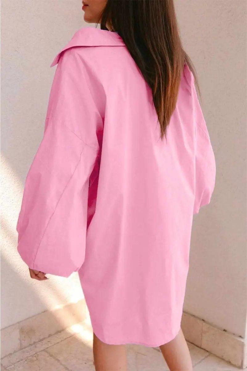 Bright Pink Balloon Sleeve Button Up Mini Shirt Dress - Love Salve 