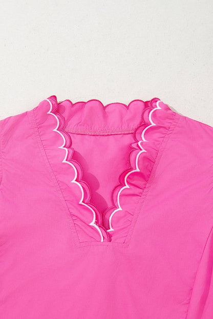 Bright Pink Contrast Scallop Trim Layered V Neck Blouse - Love Salve 