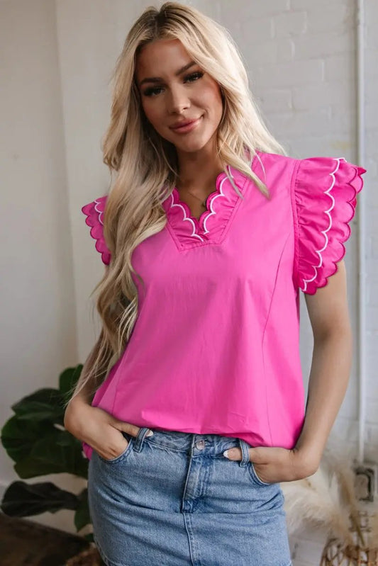 Bright Pink Contrast Scallop Trim Layered V Neck Blouse - Love Salve 