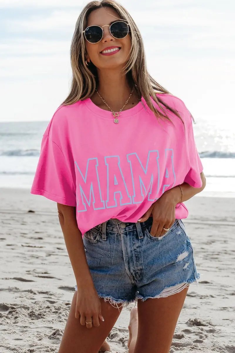 Bright Pink MAMA Letter Graphic Neon T Shirt for Moms - Love Salve 