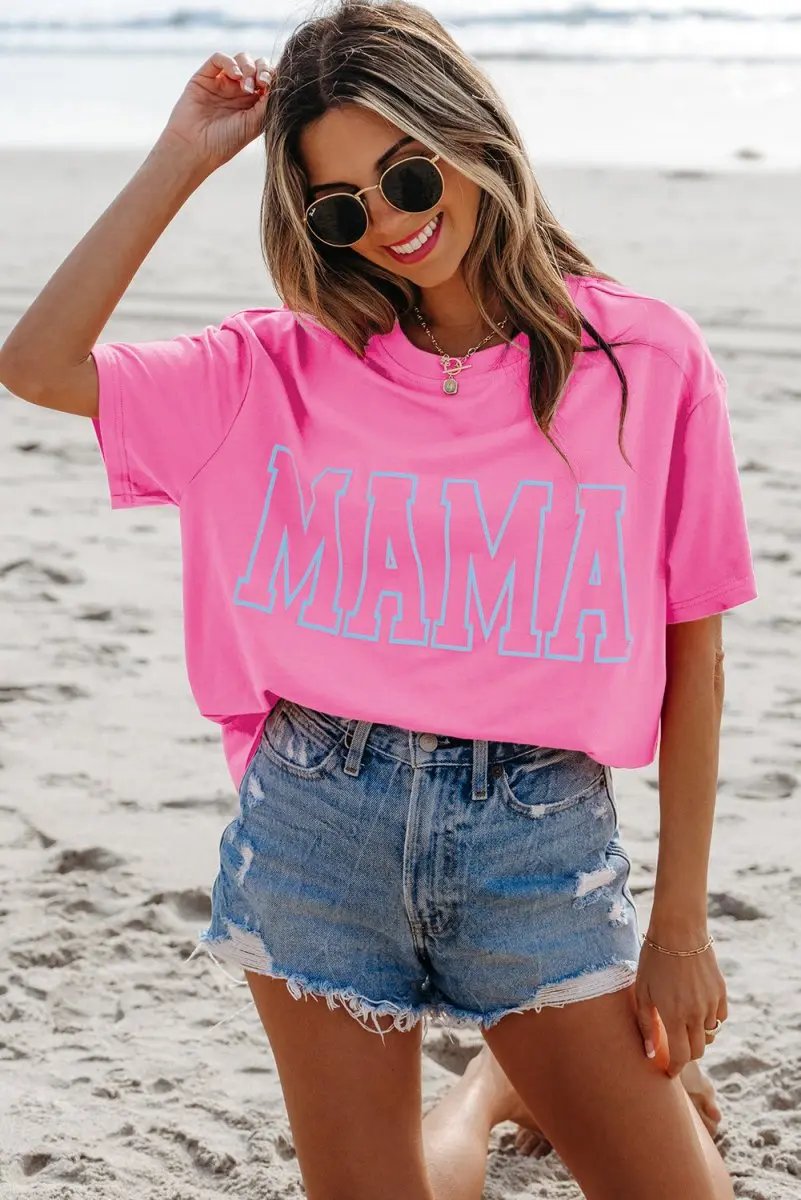 Bright Pink MAMA Letter Graphic Neon T Shirt for Moms - Love Salve 