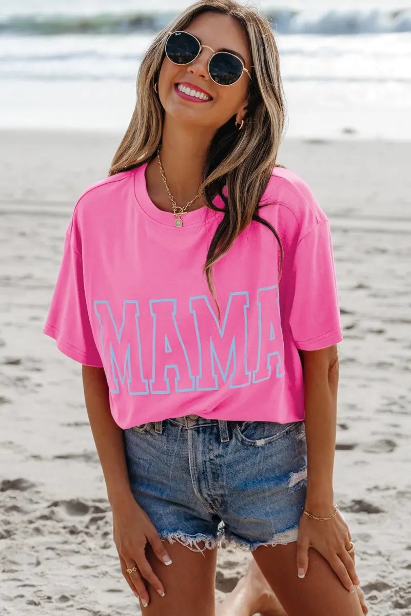 Bright Pink MAMA Letter Graphic Neon T Shirt for Moms - Love Salve 