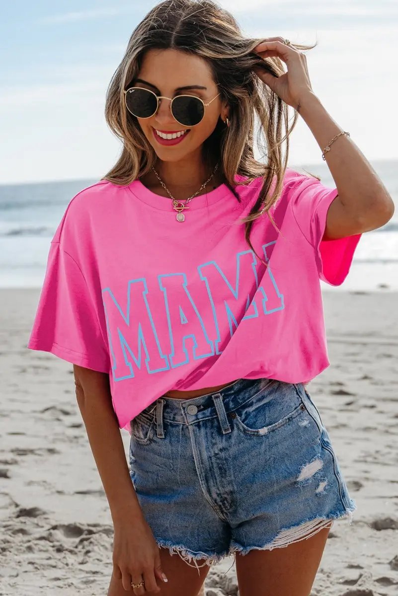 Bright Pink MAMA Letter Graphic Neon T Shirt for Moms - Love Salve 