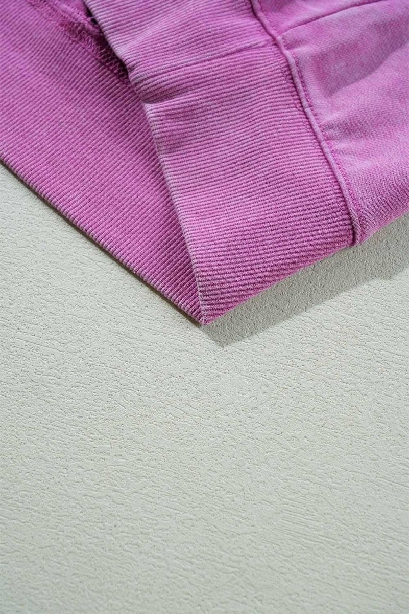 Bright Pink Solid Color Notched Neck Drop Shoulder Sweatshirt - Love Salve 