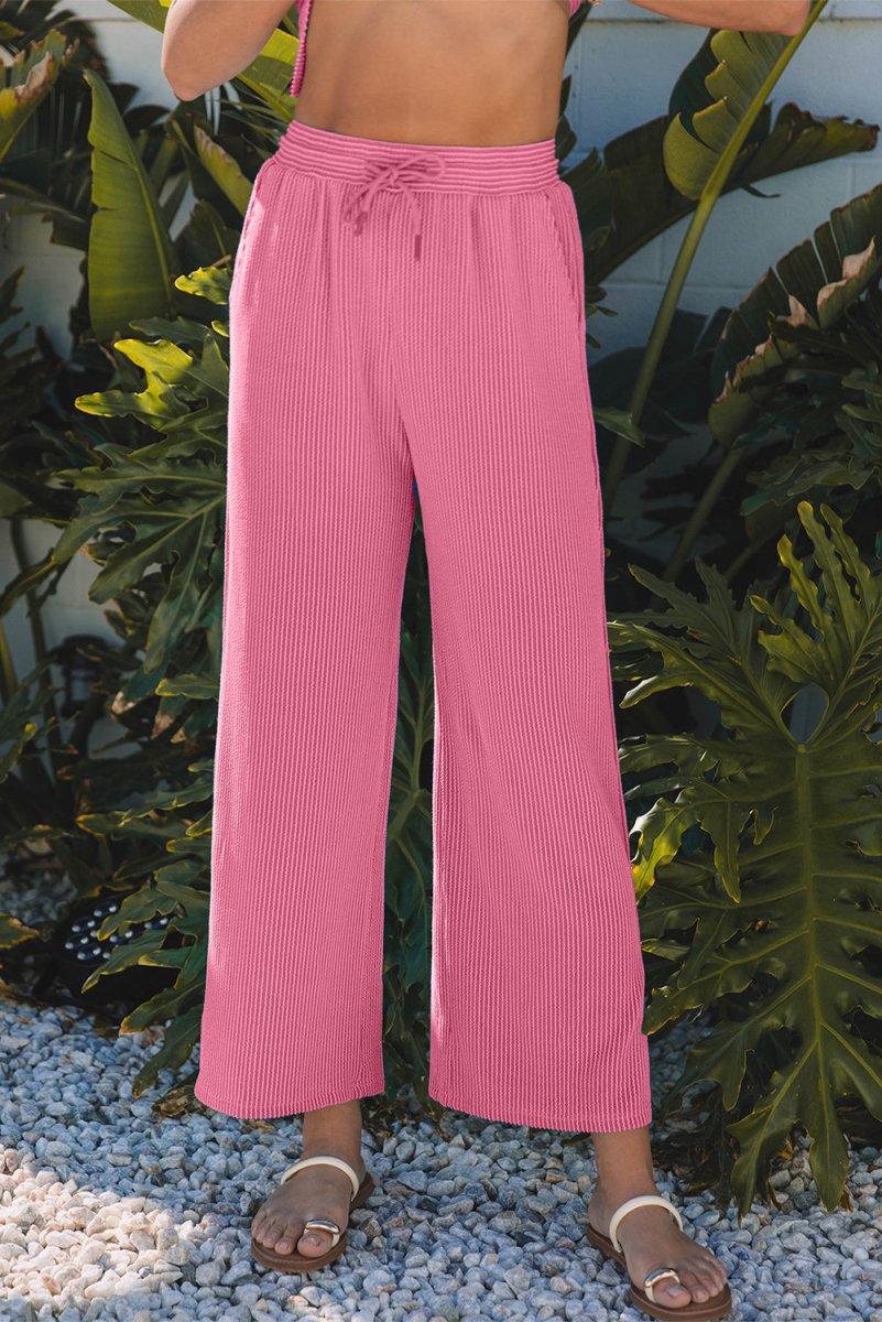 Bright Pink Solid Corded Knit Short Sleeve T Shirt Set - Love Salve 