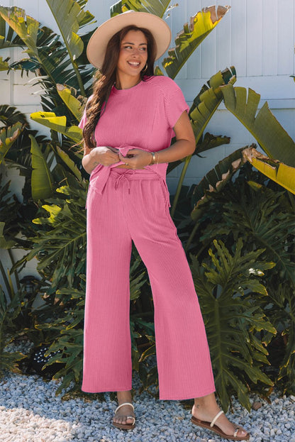 Bright Pink Solid Corded Knit Short Sleeve T Shirt Set - Love Salve 