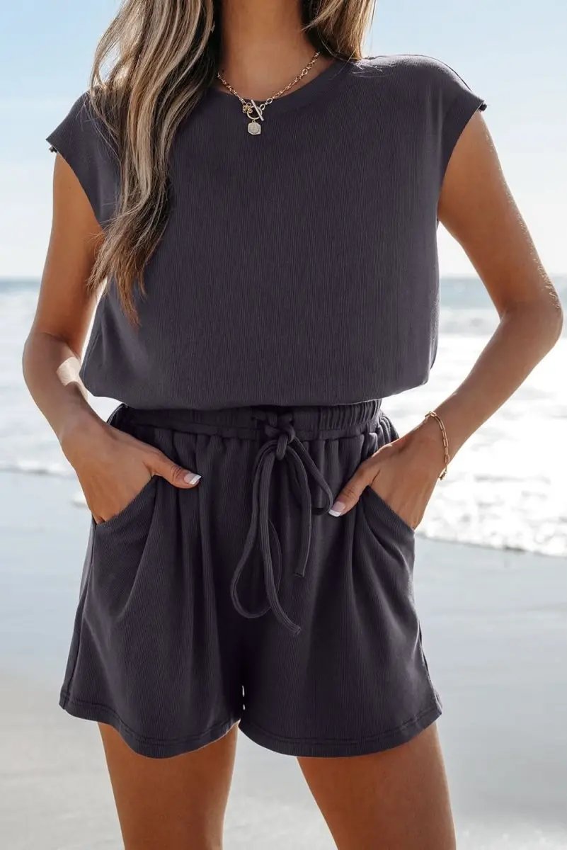 Bristol Black Cap Sleeve Drawstring Open Back Knit Romper - Love Salve 