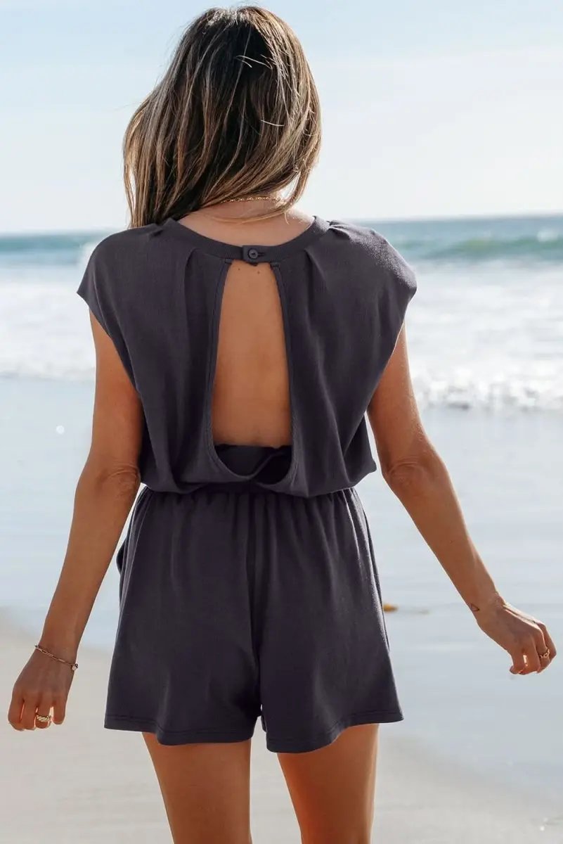 Bristol Black Cap Sleeve Drawstring Open Back Knit Romper - Love Salve 