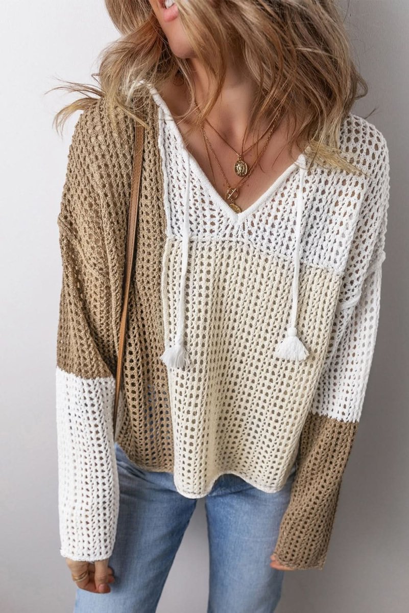 Brown Colorblock V Neck Lightweight Hollow - out Sweater with Front Tie Detail - Love Salve