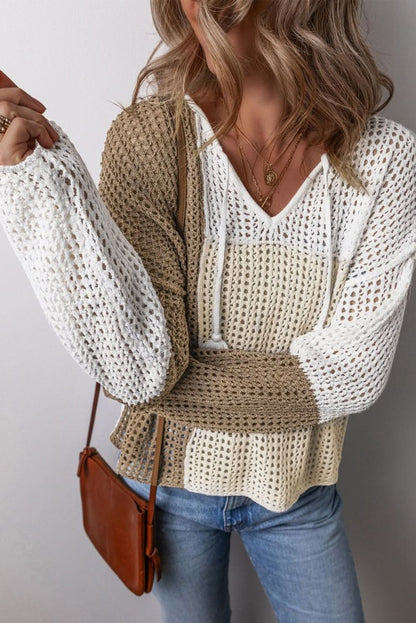 Brown Colorblock V Neck Lightweight Hollow - out Sweater with Front Tie Detail - Love Salve