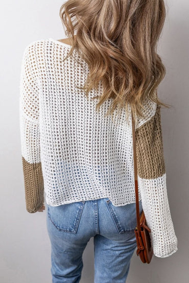 Brown Colorblock V Neck Lightweight Hollow - out Sweater with Front Tie Detail - Love Salve