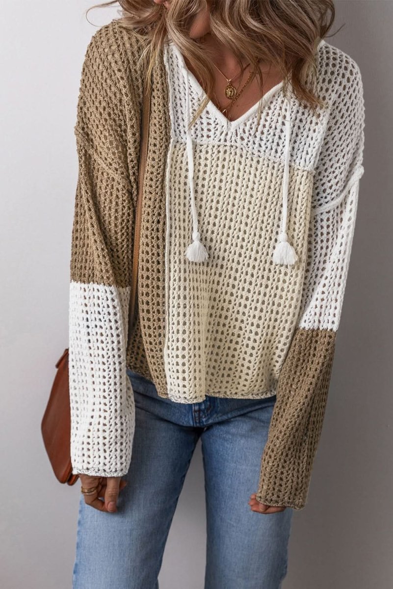 Brown Colorblock V Neck Lightweight Hollow - out Sweater with Front Tie Detail - Love Salve