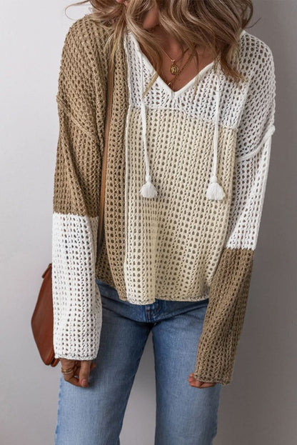 Brown Colorblock V Neck Lightweight Hollow - out Sweater with Front Tie Detail - Love Salve