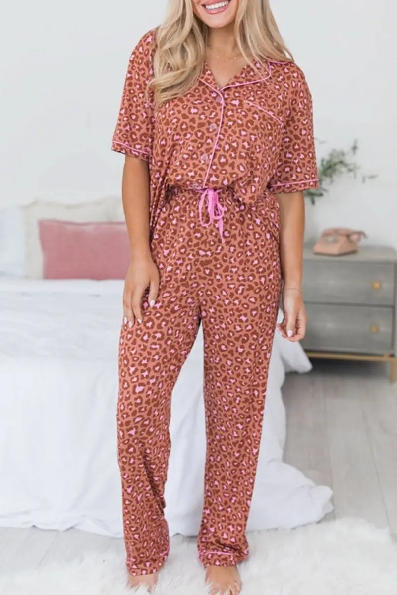 Brown Leopard Print Short Sleeve Shirt and Pants Pajamas Set - Love Salve 