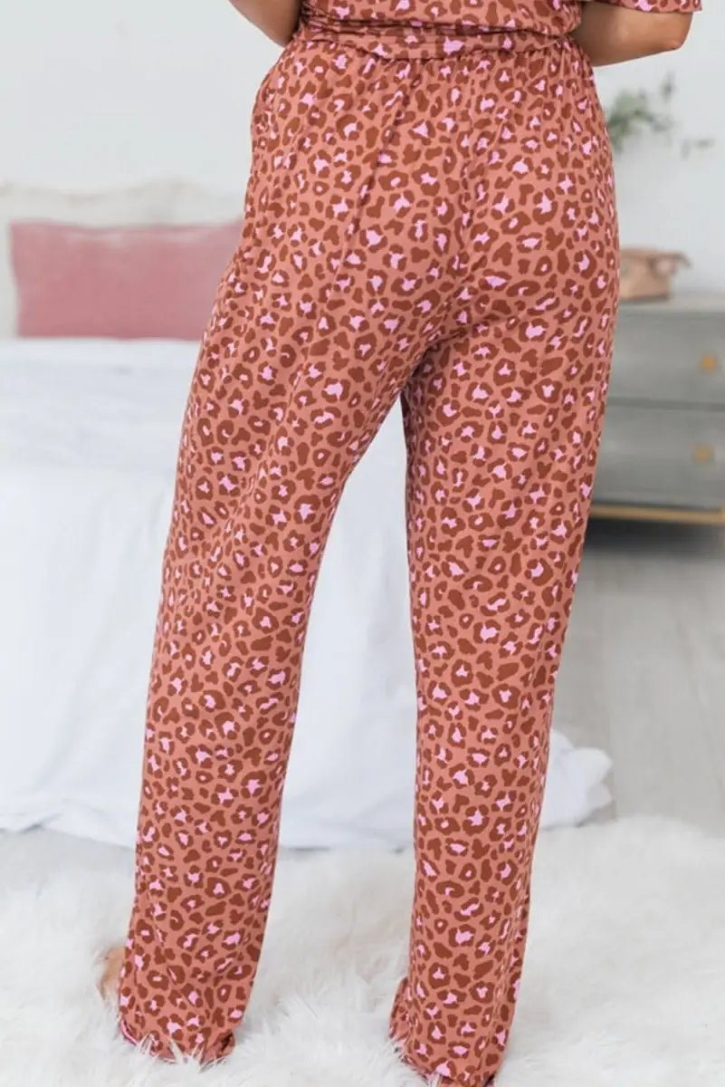 Brown Leopard Print Short Sleeve Shirt and Pants Pajamas Set - Love Salve 