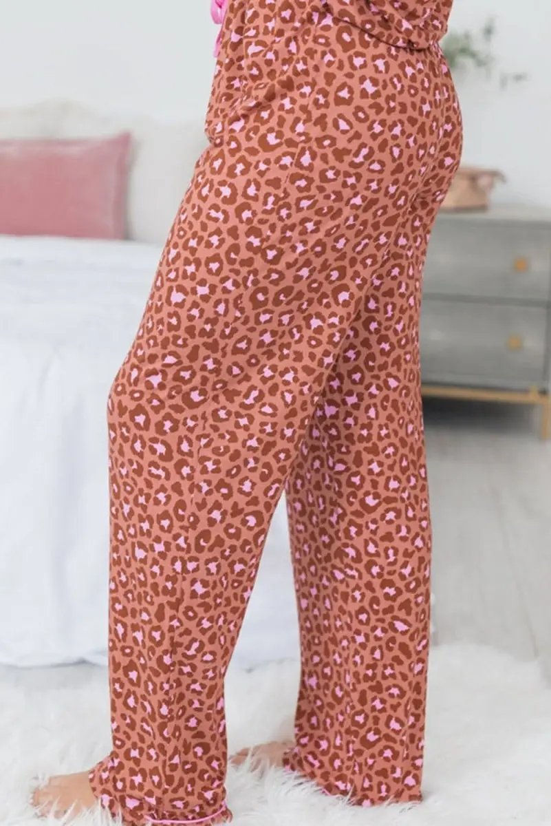 Brown Leopard Print Short Sleeve Shirt and Pants Pajamas Set - Love Salve 